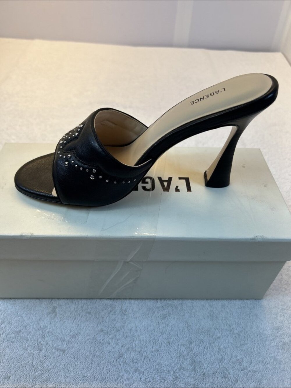 L'agence Lille Leather Pump Women Black Studded Open Toe Slip On SZ 9 NEW